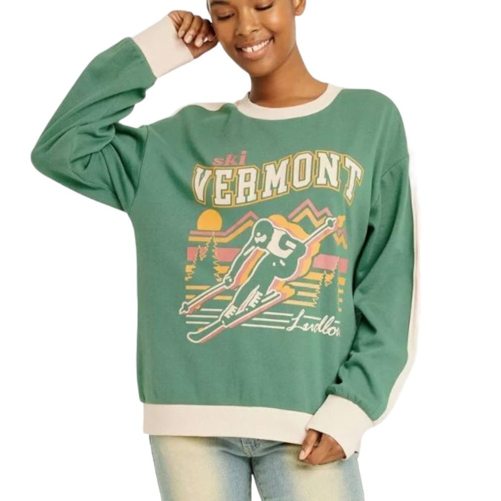 NWT IML Graphic Sweatshirt Women's XXL Green Cream Crew Neck Ski Vermont Ludlow